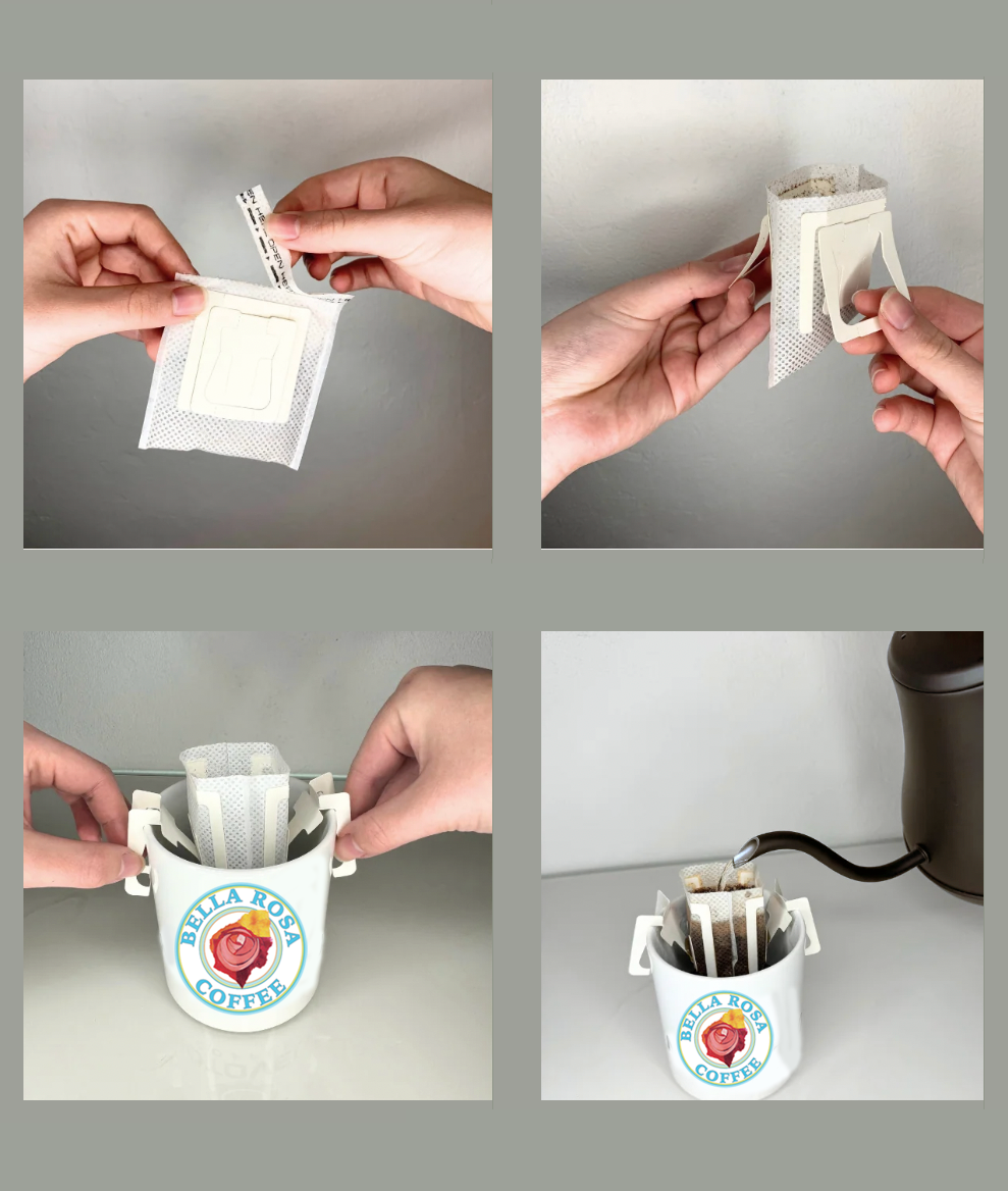 Bella Rosa coffee brewing kit with disposable filter bags and coffee pot for easy coffee preparation.