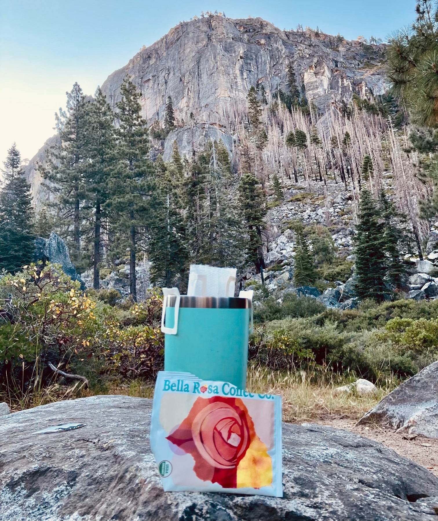Bella Rosa Coffee Co. packet with blue insulated tumbler in a scenic outdoor setting.