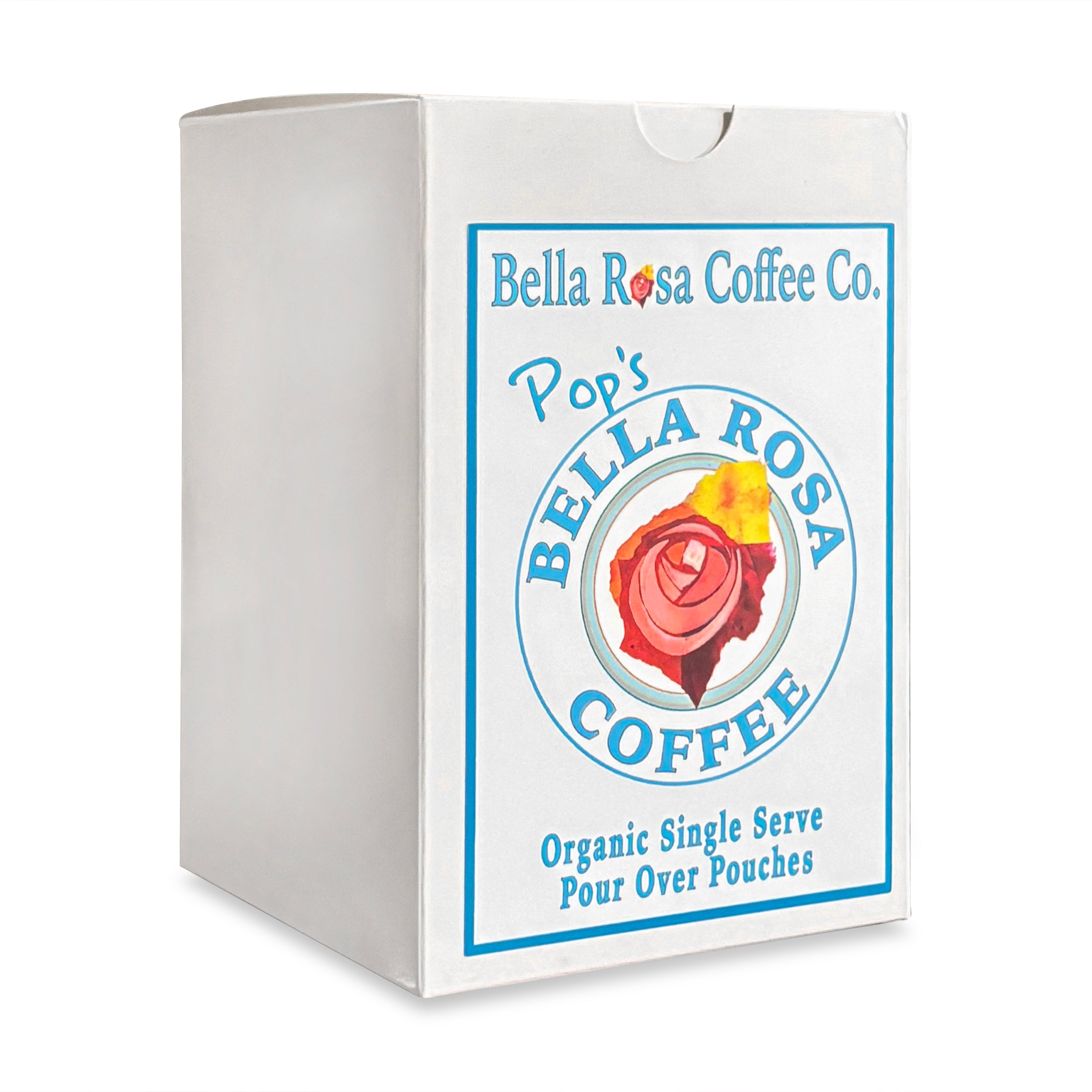 Bella Rosa Coffee Co. organic single serve pour over pouches in white packaging, featuring a colorful logo.