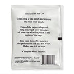 Compostable pour-over coffee pouch, 12g, instructions for easy brewing, makes 1 cup (6-8 oz).