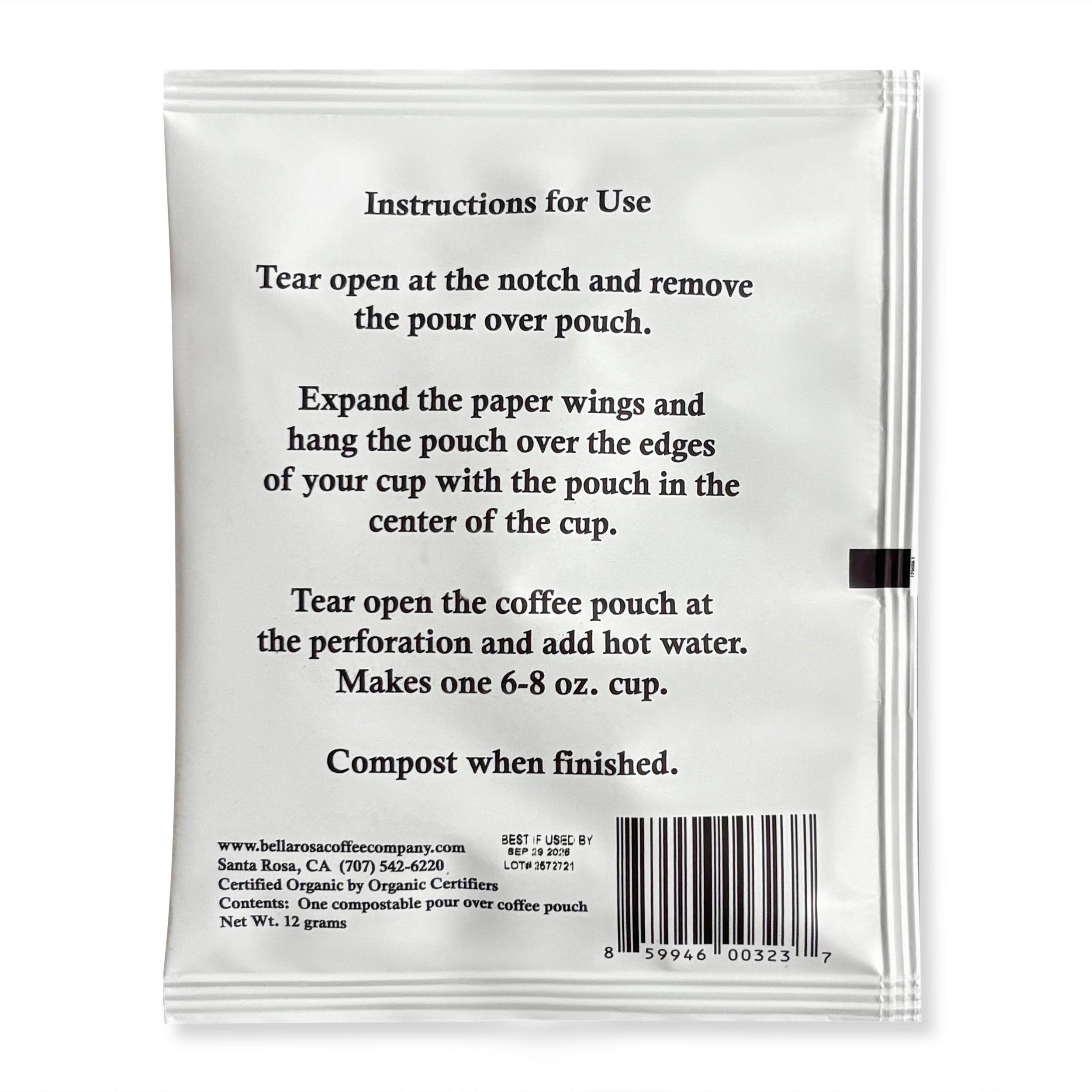 Compostable pour-over coffee pouch, 12g, instructions for easy brewing, makes 1 cup (6-8 oz).